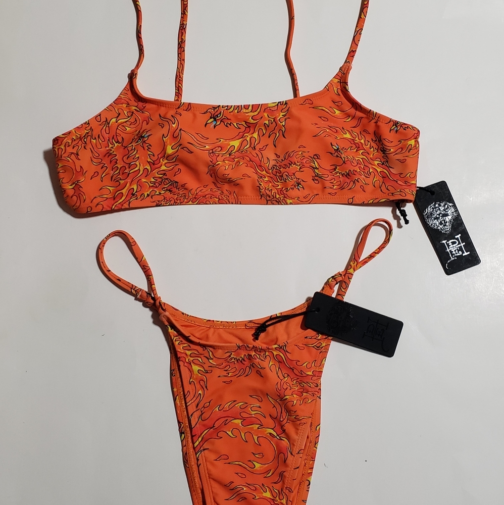 NWT Ed Hardy Orange Firebird 2 Piece Bandeau String Bikini Set Swimsuit - Large